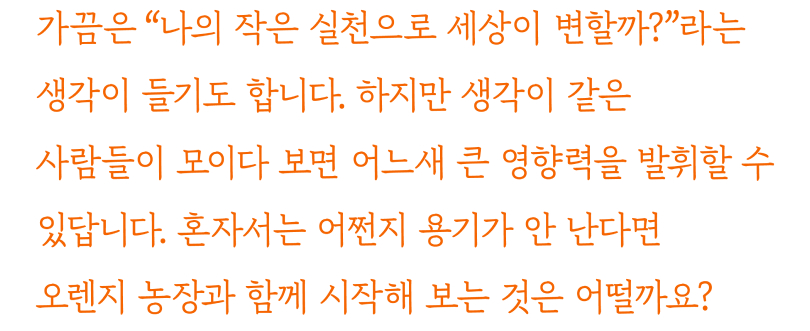 가끔은 '나의 작은 실천으로 세상이 변할까?'라는 생각이 들기도 합니다. 하지만 생각이 같은 사람들이 모이다 보면 어느새 큰 영향력을 발휘할 수 있답니다. 혼자서는 어쩐지 용기가 안 난다면 오렌지 농장과 함께 시작해 보는 것은 어떨까요?