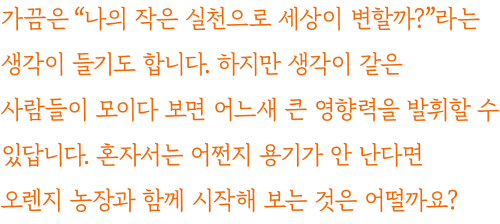 가끔은 '나의 작은 실천으로 세상이 변할까?'라는 생각이 들기도 합니다. 하지만 생각이 같은 사람들이 모이다 보면 어느새 큰 영향력을 발휘할 수 있답니다. 혼자서는 어쩐지 용기가 안 난다면 오렌지 농장과 함께 시작해 보는 것은 어떨까요?