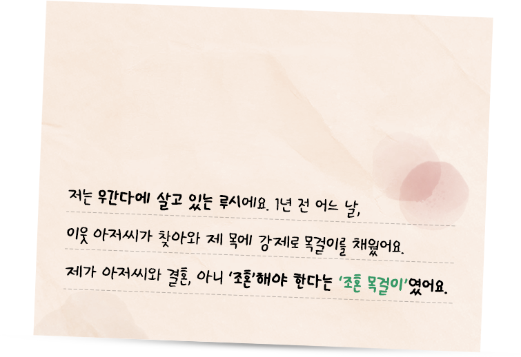 저는 우간다에 살고 있는 루시에요. 1년 전 어느 날, 이웃 아저씨가 찾아와 제 목에 강제로 목걸이를 채웠어요. 제가 아저씨와 결혼, 아니 '조혼'해야 한다는 '조혼 목걸이'였어요.