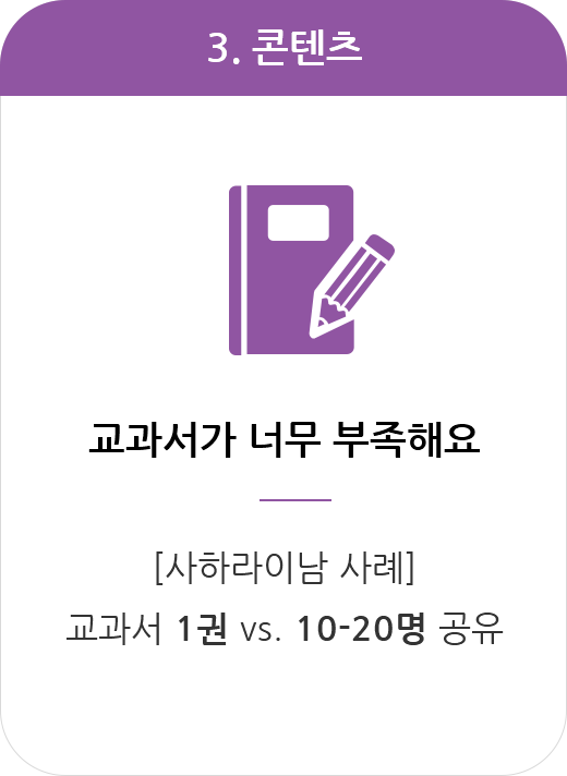 콘텐츠.교과서가 너무 부족해요. 사하라이남 사례-교과서 1권 vs. 10-20명 공유.