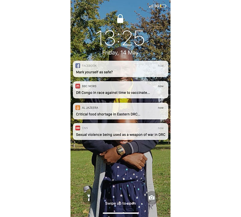 FACEBOOK: Mark yourself as safe? / BBC NEWS: DR Congo in race ahainst time to vaccinate... / AL JAXEERA: Critical food shortage in Eastern DRC... / CNN: Sexial violence being used as a weapon of war in DRC 속보가 떠 있는 화면
