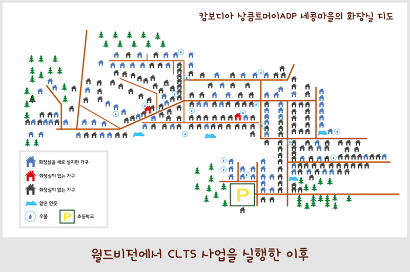 캄보디아 상큼트머이 ADP 세콩마을의 화장실 지도 화장실이 있는 가구 화장실이 없는 가구 얕은 연못 우물 초등학교 화장실을 새로 설치한 가구 월드비전에서 CLTS 사업을 실행한 이후