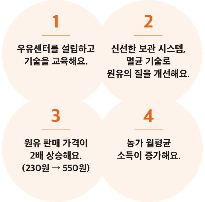 1.우유센터를 설립하고 기술을 교육해요 / 2.신선한 보관 시스템, 멸균 기술로 원유의 질을 개선해요 / 3.원유 판매 가격이 2배 상등해요(230원에서 550원 으로) / 4.농가 월평균 소득이 증가해요